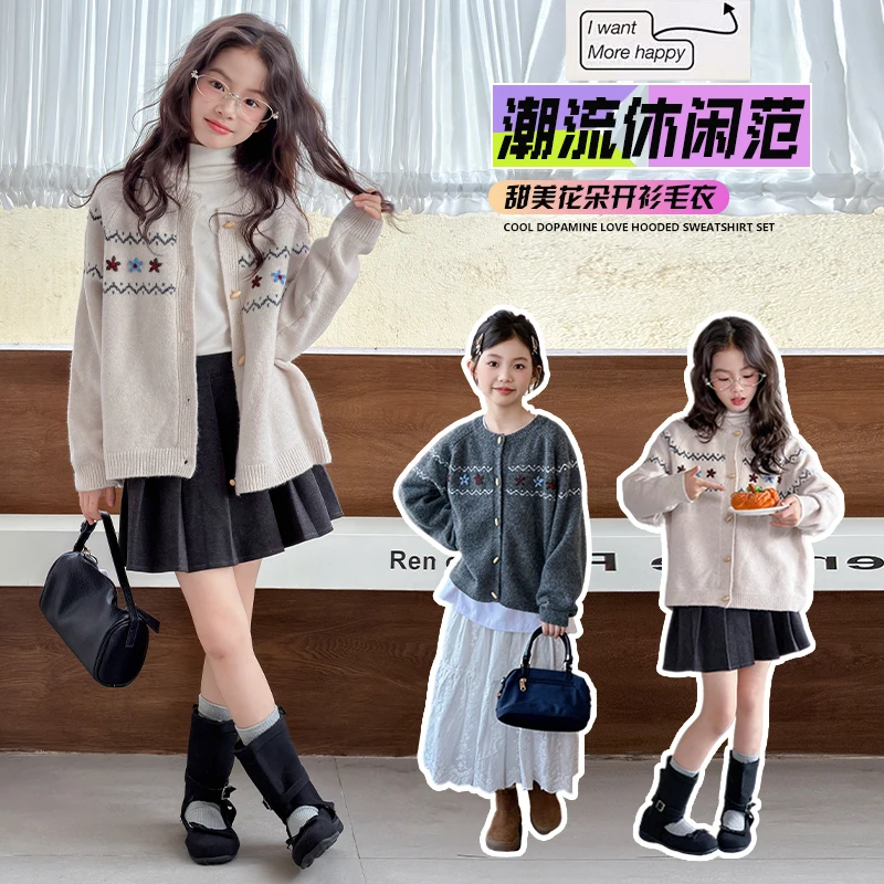 

Autumn Winter Kid Knitted Floral Cardigan Baby Girl Top Toddler Winter Baby Style Warm Coat Children Thickened Outer Sweaters