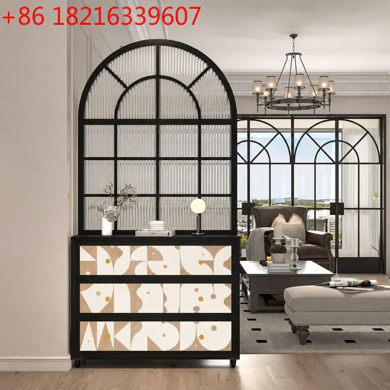 YAORetro Abstract Solid Wood Entrance Cabinet with Changhong Glass Partition Entry Door Screen Living Room Storage Locker