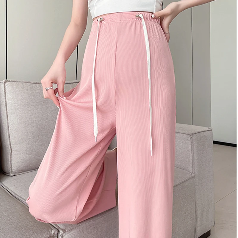 

​Drawstring Maternity Pants High Waist Belly Wide Leg Loose Straight Trousers Clothes for Pregnant Women Casual Summer Pregnanc