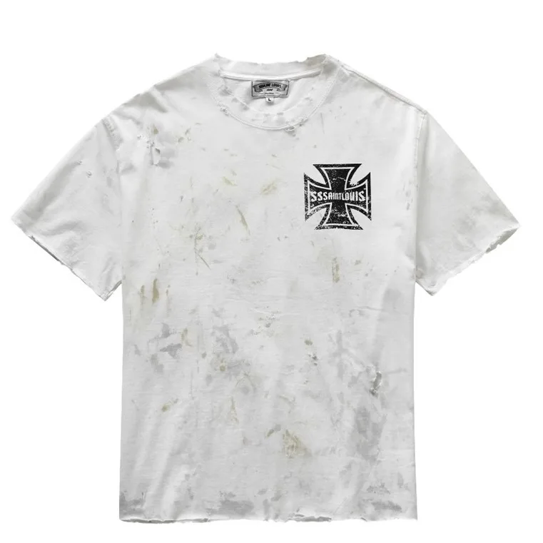 SSSAINT LOUIS Cross Medal Round-neck Pullover Short-Sleeve Vintage Weathered Hole T-Shirt