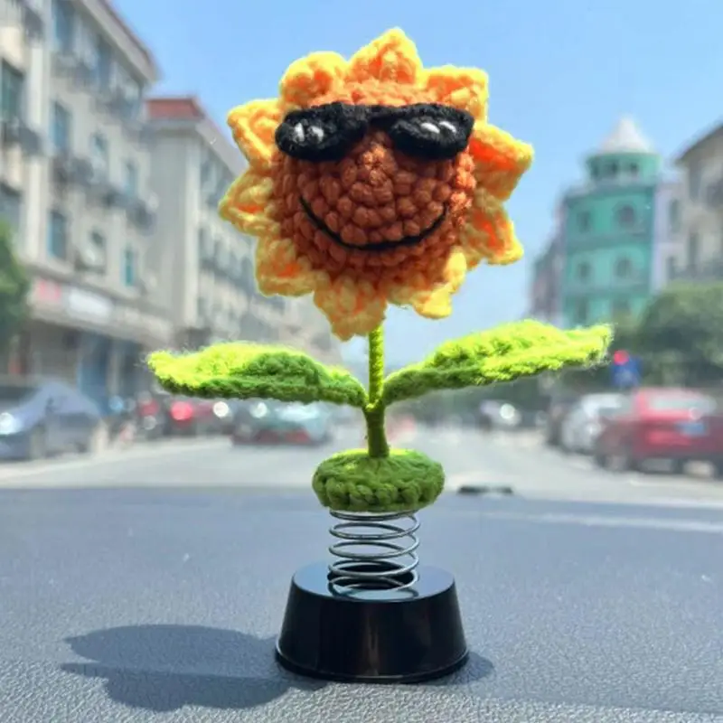 Car Dashboard Decorations Crochet Shaking Sunflower Frog Duck Bobblehead Animated Bobble Dancer Car Decor Aesthetic Accessories