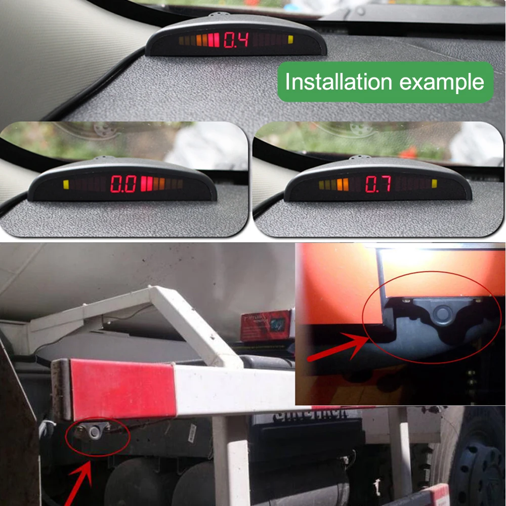 12V~24V Truck Reverse Radar System 4 Waterproof Parking Sensors 10m Air Line Monitor Type Sound Alert Indicator Parking Assist