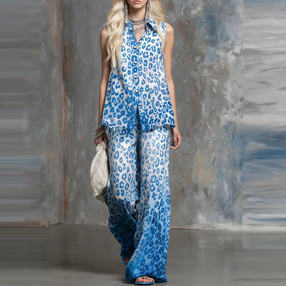 

Summer Casual Outfits Female Leopard Print Two Piece Set for Women Shirt Collar Single Bresasted Sleeveless Top & Wide Leg Pants