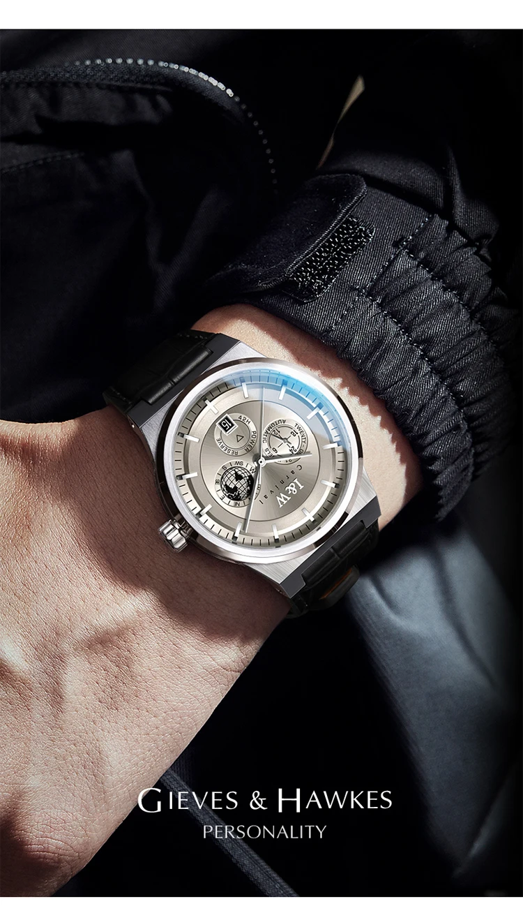 I&W Men Luxury Watch 42mm Automatic Mechanical Wristwatch Waterproof Luminous Sapphire 24 Hours 3D Earth Small Dial Date