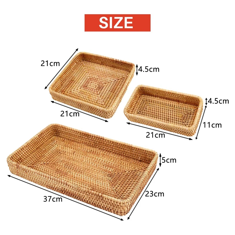 Rattan Wicker Serving Tray Rectangular Decorative Organizer For Coffee Table Fruit Drinks Snack Bathroom Platter Kitchen