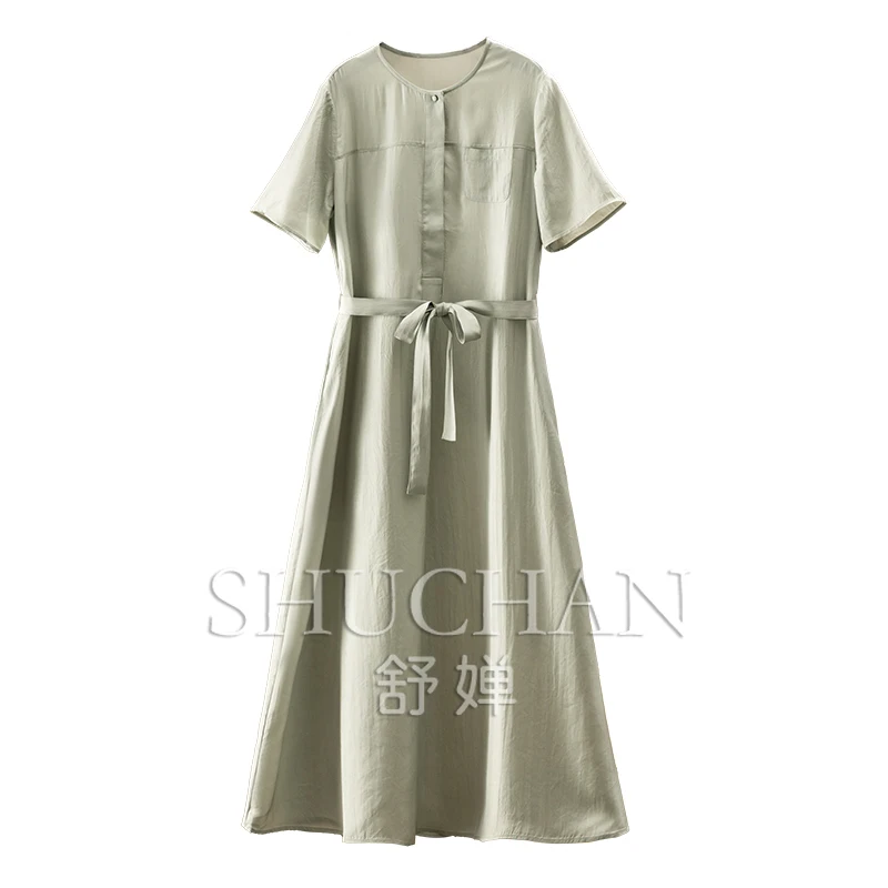 

Pleated Texture Acetate Short Sleeve Waist Shirt Dress Women's 8W96 vestidos de verano mujer 2025 long dresses for women