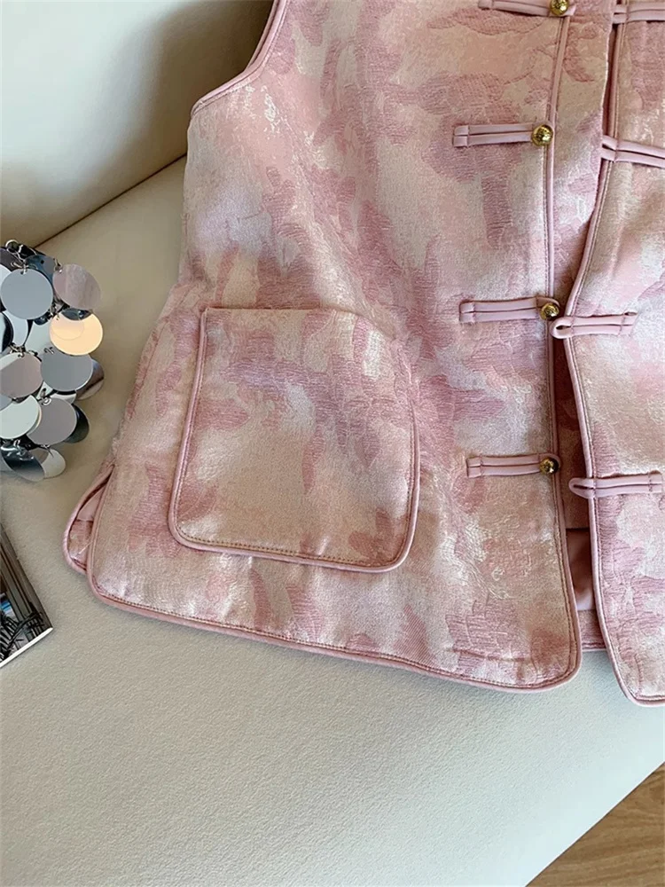 

Sweet Pink Chinese Sle round Ne Button up Vest ex Autumn Faionable Svel Top Women's Faion Men's Faion