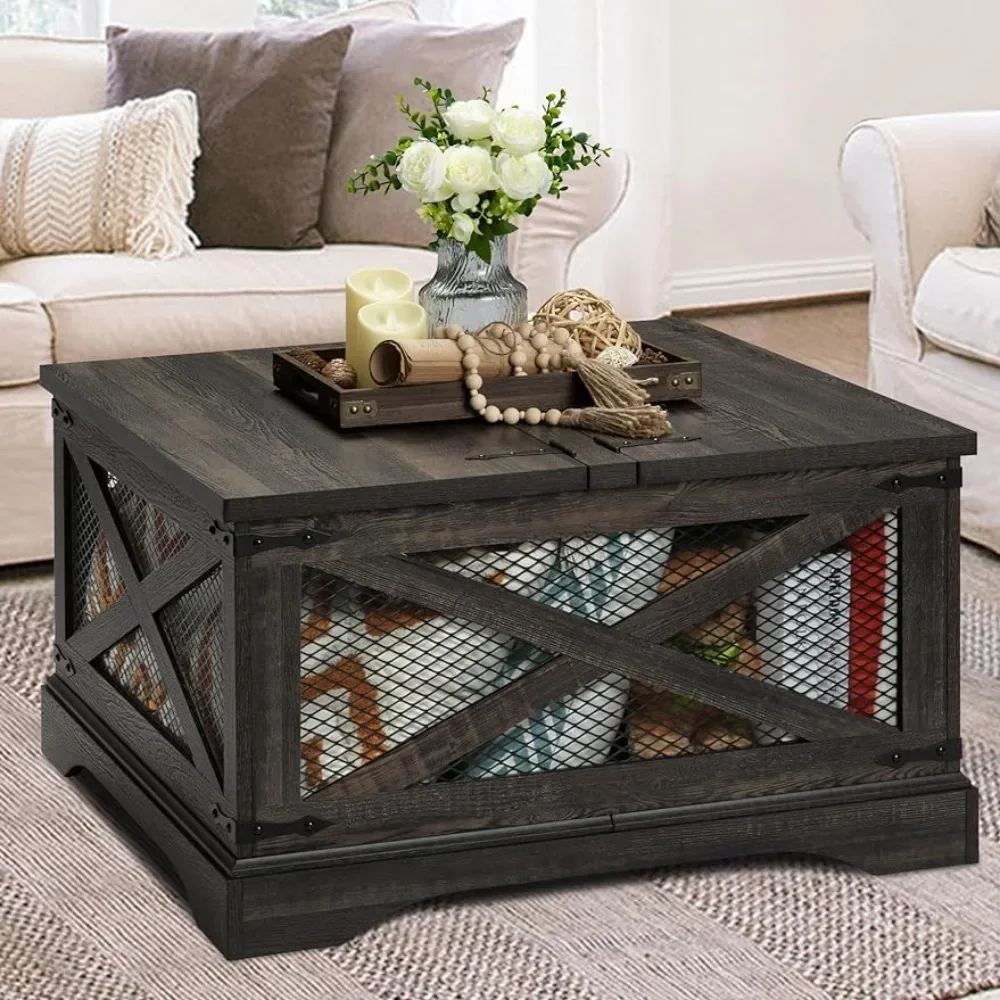 Openwork Rustic Coffee Table W/Compatrment Industrial Coffee Table for Living Room (Dark Rustic Oak) Furniture Furnitures Tables