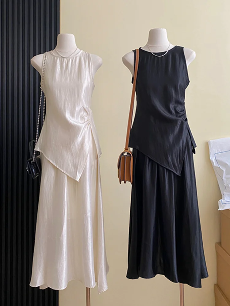 Summer French Fashion Casual 2 Piece Sets Women Outfit Korean Sexy Sleeveless Top + High Waisted Pleated Long Skirt Suits