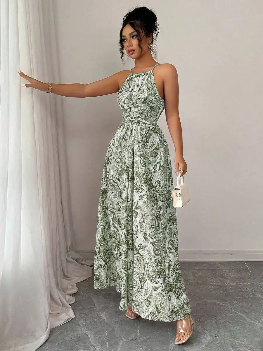 

Elegant Ruched Waist Slip Dress With Paisley Print For Women Spring Summer