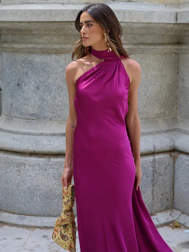 Elegant ริบบิ้นยาวซาติน Party Dresses ผู้หญิง Halter Backless หญิงชุดชายหาดฤดูร้อน Lady ชุดราตรี