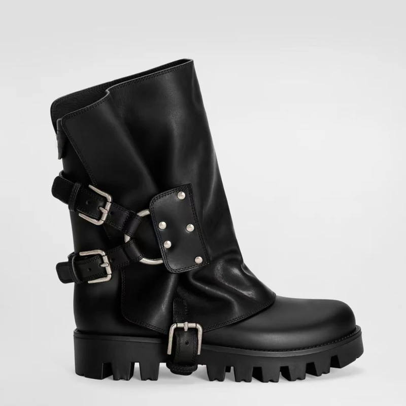 

Black Platform Multiple Metal Belt Buckles Ankle Boots Woman Winter 2026 Punk Style Women's Thick Sole Gear Bottom Short Boots