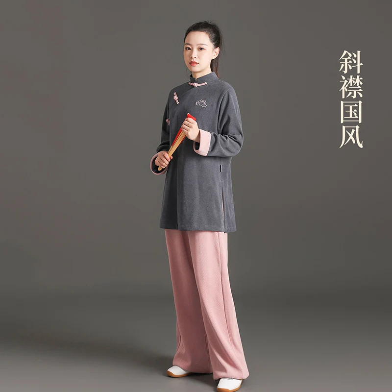 Women's New Premium Autumn Winter Traditional Cross-Collar Embroidered Wool Tai Chi Suit for Qigong Martial Arts Practice