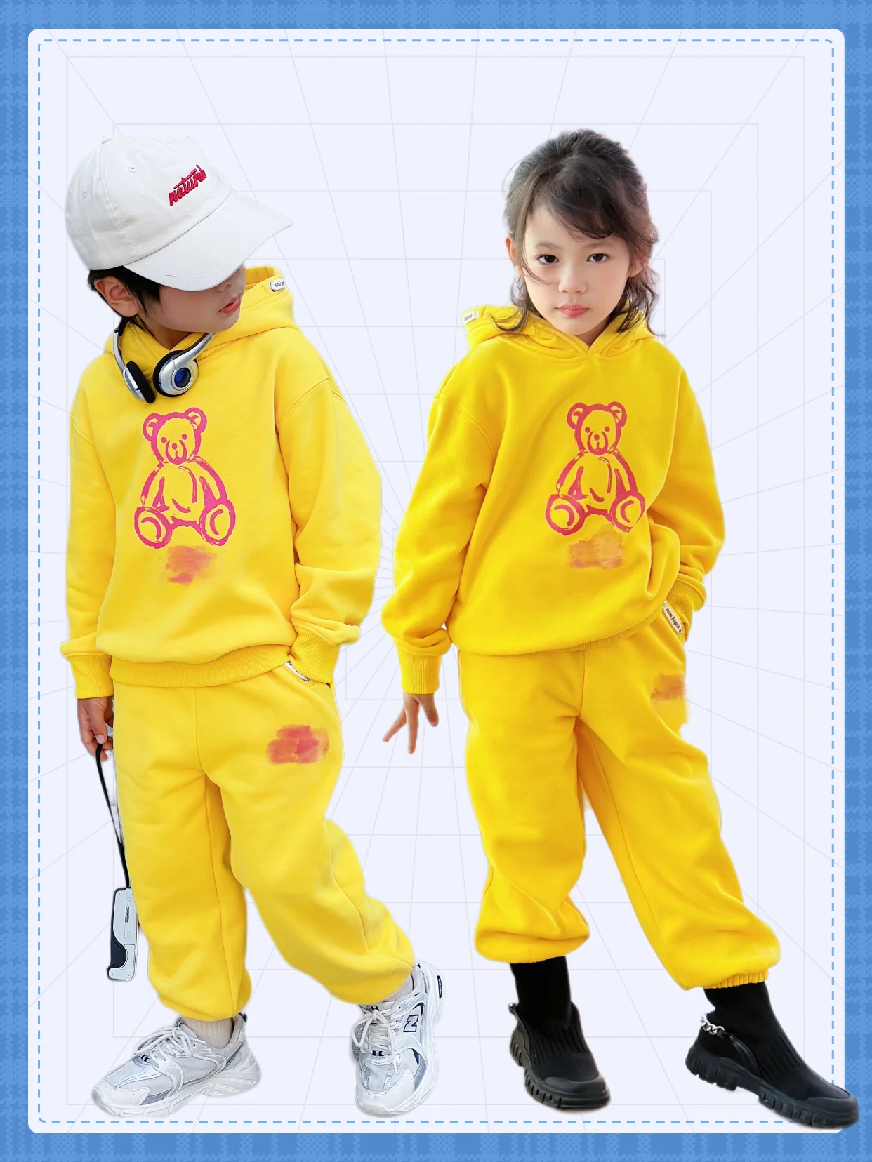 

Autumn Bear Printed Yellow Hooded And Fleece Sports Boys And Girls Can Wear Tracksuites Lab Cici