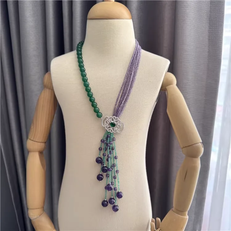 

Natural amethyst green chalcedony tassel sweater necklace