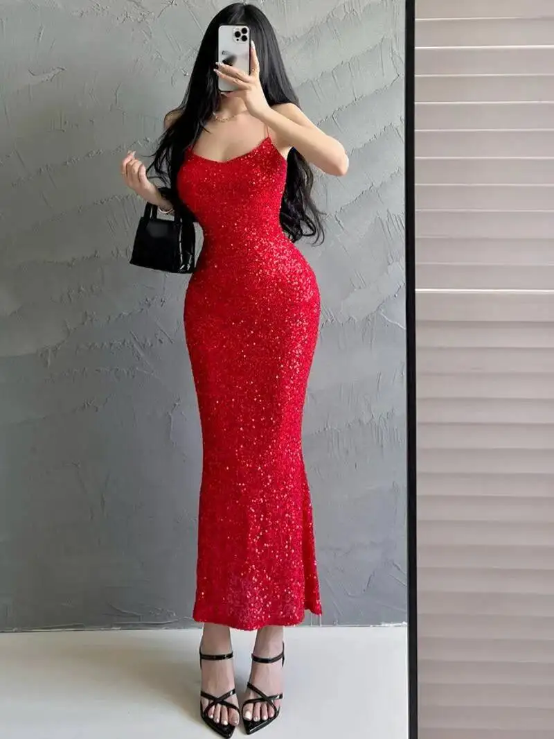 Pure Desire Funkelndes Silber-Trägerkleid, elegante Damen-Licht-Luxus-Bankett-dünnes Kleid, Kleider, Robe, süße Damen, 2024, neu, G1WW