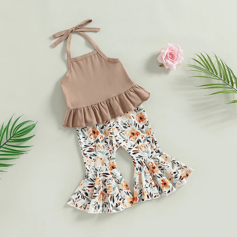 BULINGNA Toddler Baby Girl Summer Clothes Halter Crop Ruffle Tank Tops Floral Flare Pants 2Pcs Baby Girl Bell Bottom Outfit