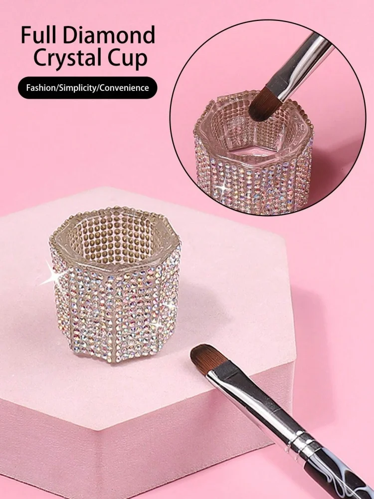 Mini Kristallglas Acryl Kleine Achteckige Pulver- und Flüssigkeits-Nagelbecher Nagelbürsten-Reinigungsflüssigkeit Strass Luxus-Mischschale