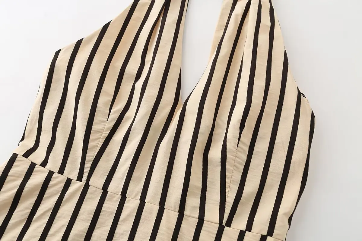 Elegantes Damen-Maxikleid mit Streifenmuster und Neckholder, sexy tiefem V-Ausschnitt, Schnürung, lässiges langes Kleid 2026, neues Urlaubskleid für Damen – Detail 5