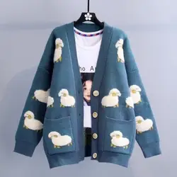 Dolce morbido maglione glutinoso Cardigan Versatile autunno piccolo agnello cartone animato contrasto colore maglione cappotto sciolto lavorato a maglia da donna