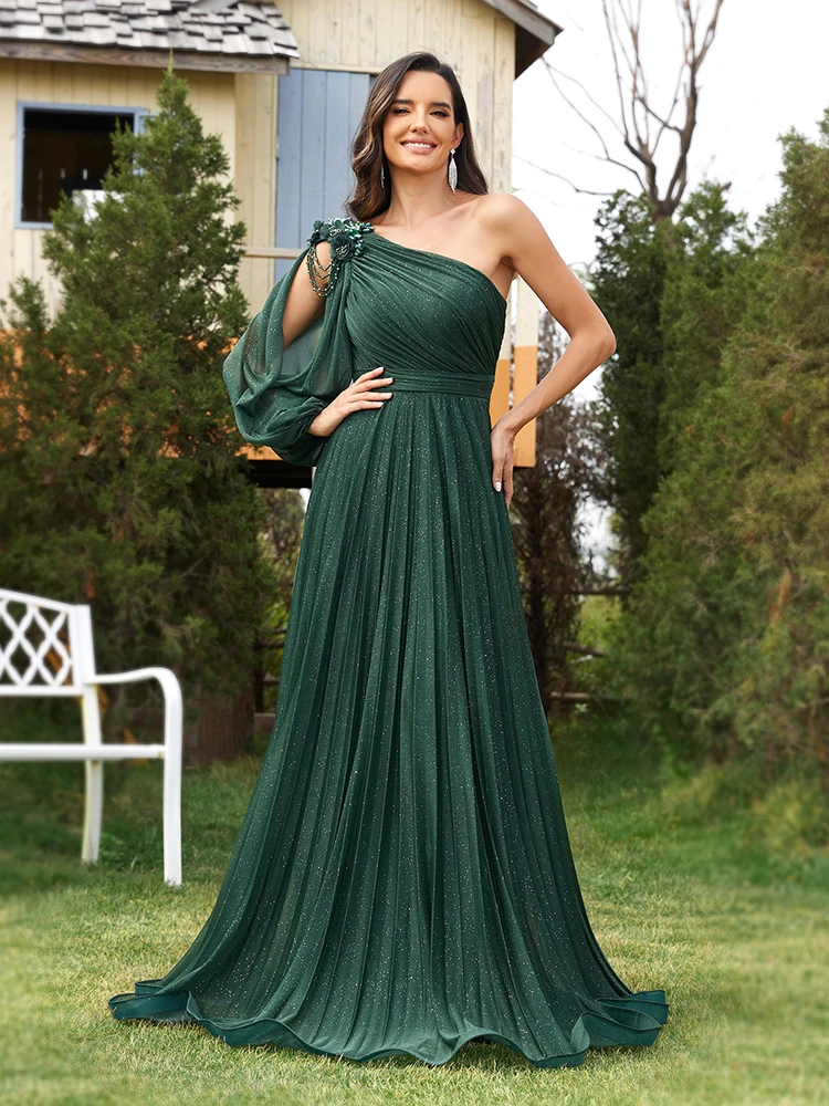 Lucyinlove Elegant one-shoulder Long Sleeves Sparkle Floor Length Evening Dress 2024 Green Flower Bridesmaid Party Cocktail Prom