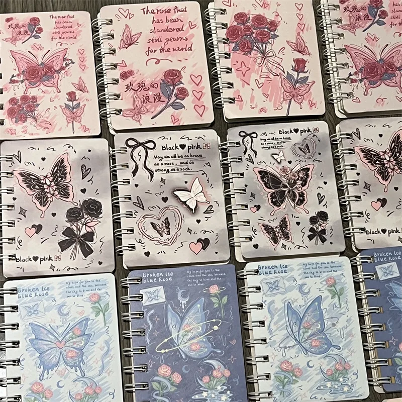 Mini Bloc de notas de mariposa Rosa aleatoria A7, cinta de encaje estética pequeña, cuaderno de flores de mariposa, suministros escolares para estudiantes lindos, 1 pieza