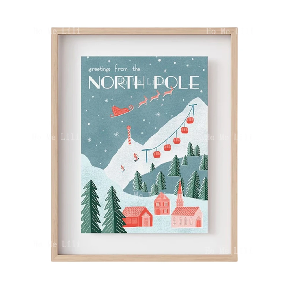 Greetings From The North Pole Christmas Vintage Travel Poster Festive Wall Art Living Room Home Decor