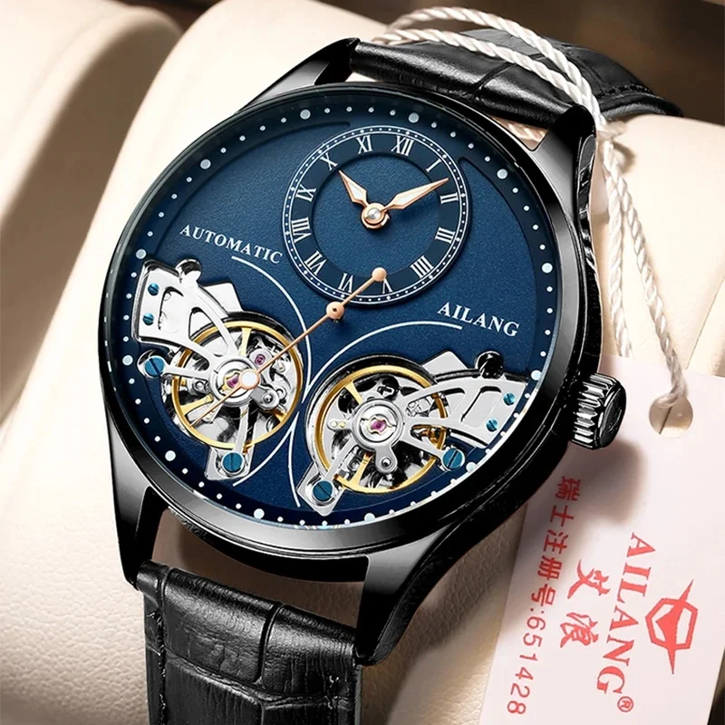 AILANG 8822xiaoluoma Skeleton Automatic Watch for Men, Luxury Mechanical Wristwatch Dual Flywheel Roman Numerals Dial Business
