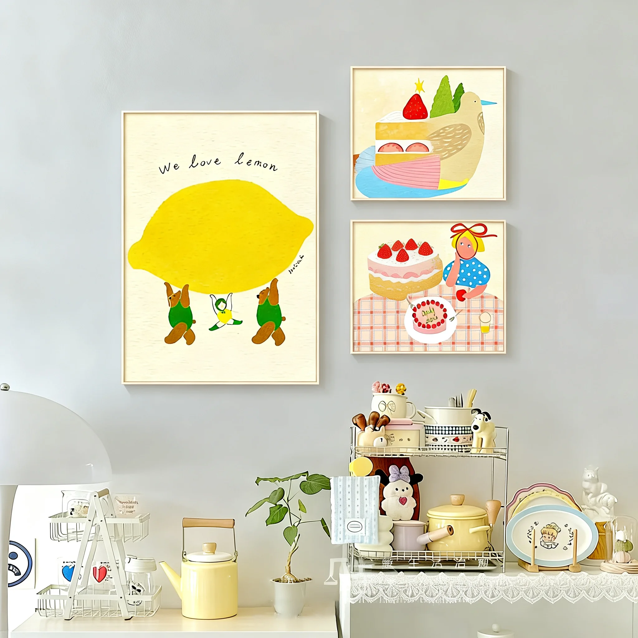Dopamine Colorful Healing Canvas Poster - Cute Cartoon Lemon Bear & Girl Illustration, Cream Style Wall Painting for Kids Room