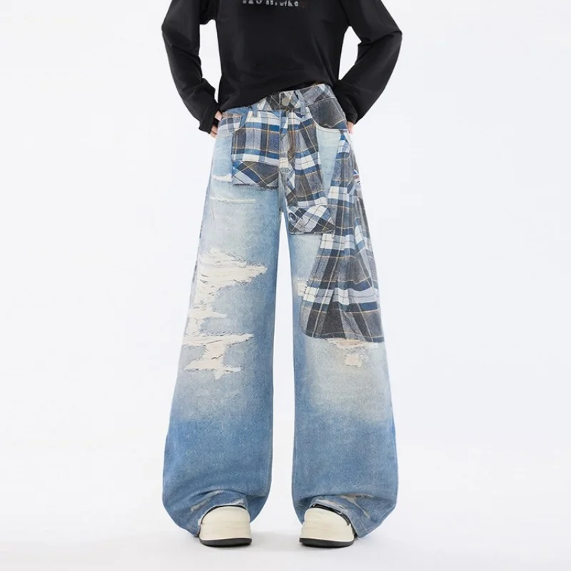 

Ropa Y2K, модные клетчатые лоскутные синие мешковатые рваные джинсы, брюки для женщин, одежда, прямые женские джинсовые брюки