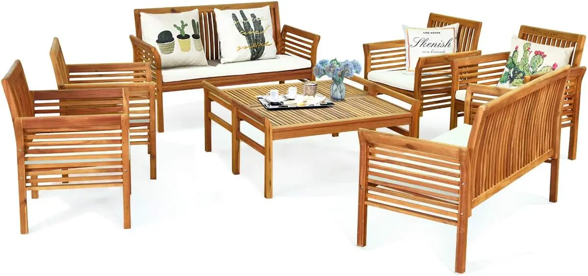 Tangkula 8 Piece Outdoor Acacia Wood Sofa Set W/Water Resistant Cushions Padded Patio Conversation Table Chair Set Poolside