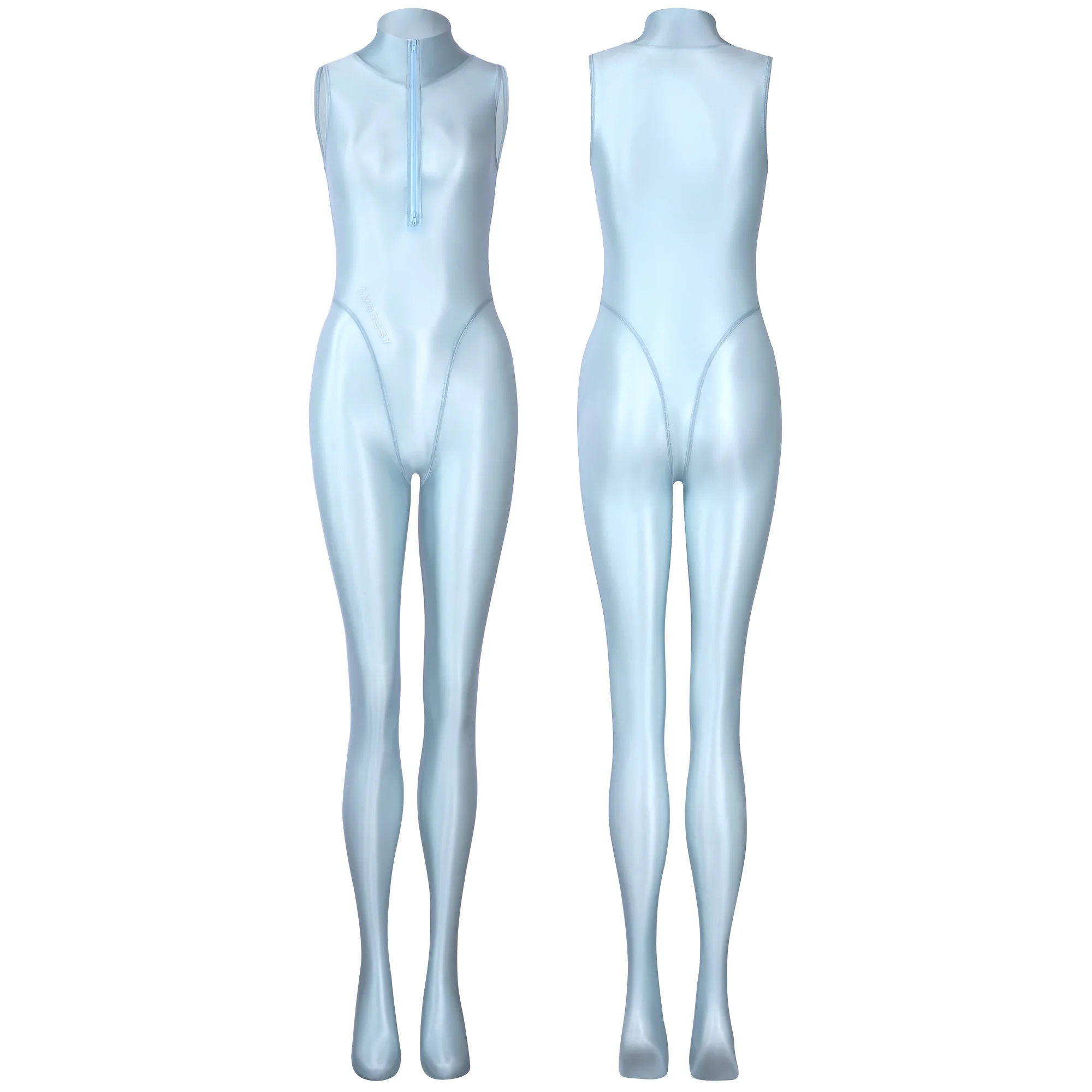 AMORESY dünner, glänzender, ölglatter, bidirektionaler Frontreißverschluss-Jumpsuit, einfarbiger, hochgeschlossener, ärmelloser Badeanzug – Detail 12