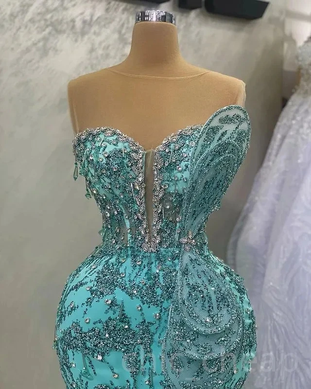 Turquoise African American Prom Dresses Mermaid Sheer Lace Beaded Black Girls Nigeria Dubai Saudi Arabia Evening Gown Customized