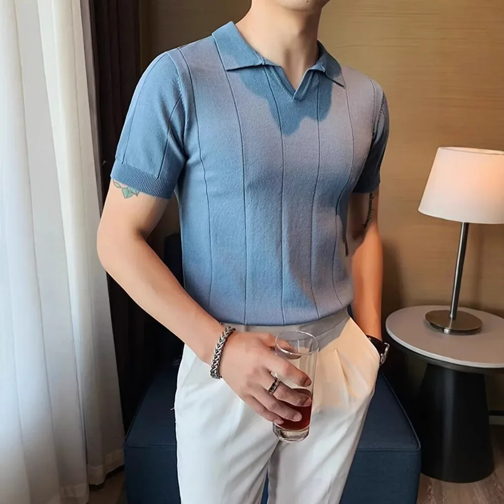 

Summer New Short-sleeved Knitted T-shirt for Men, Stylish and Versatile High-end V-neck POLO Shirt