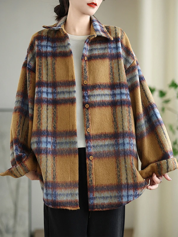 

Женское свободное зимнее пальто Thened, корейское пальто с гонконгским вкусом, фиолетовая шерстяная верхняя одежда в клетку, осень-зима Ne...