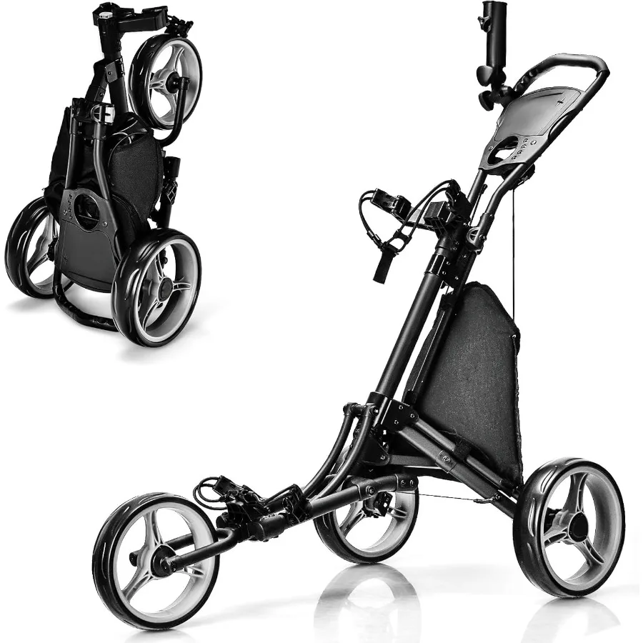 

3-колесная тележка для гольфа с алюминиевой рамой для легкого транспортировки и хранения. Эластичный ремень. Держатель для зонта. Подстаканник. Sco.