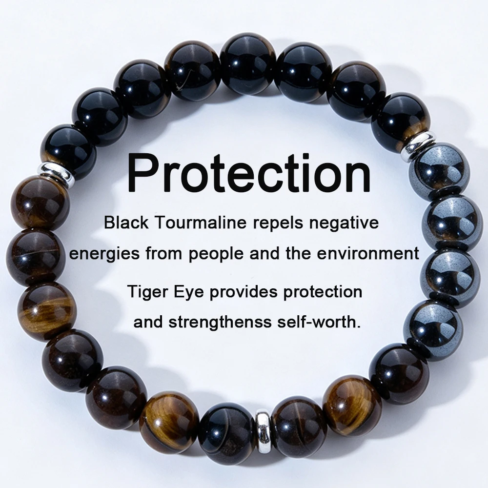 Triple Protection Bracelet:Tiger Eye, Black Obsidian, & Hematite 8mm Round Protection Crystals (Gemstone Stretch Bracelet)