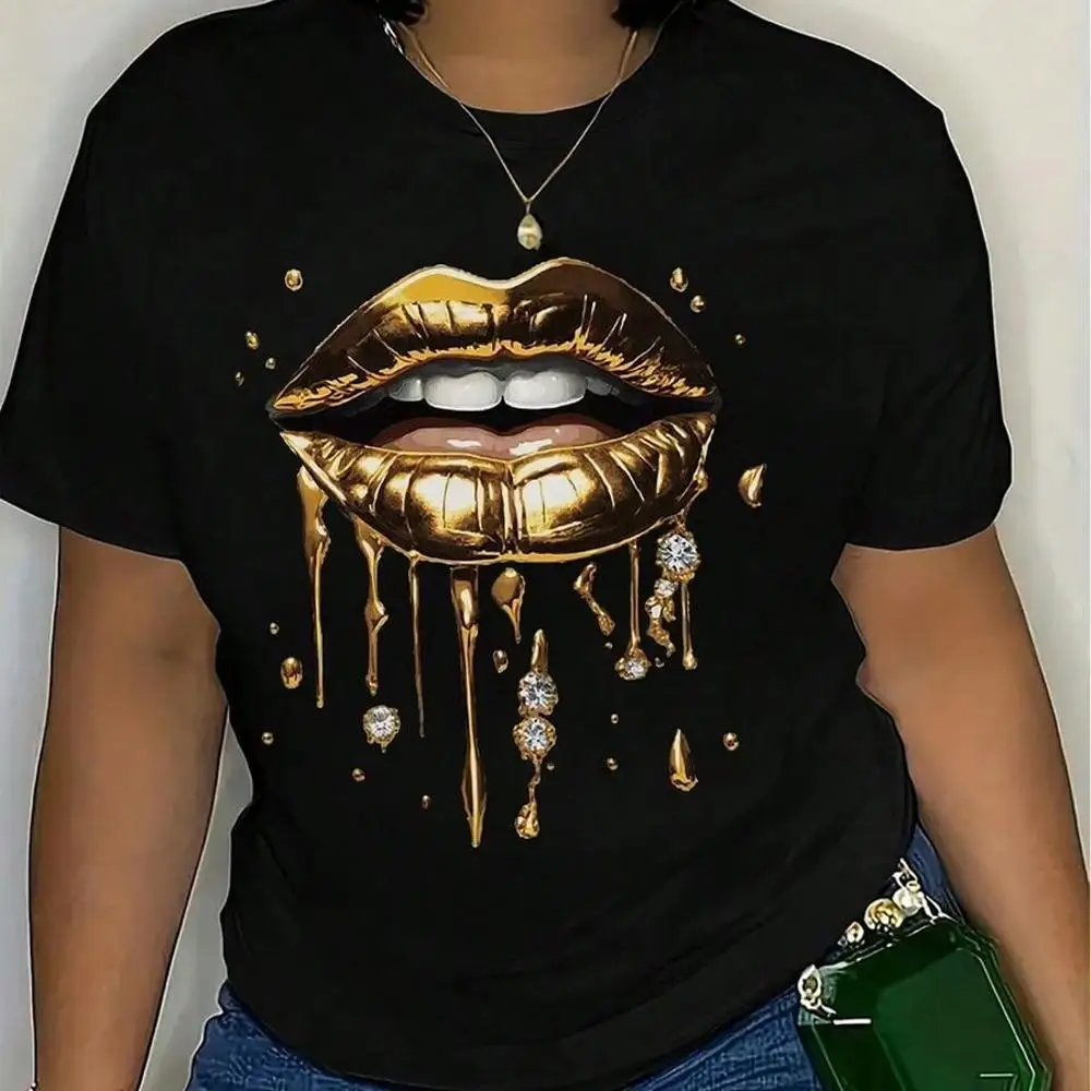 Summer TopsWomen s Fashionable Golden Lip Print Round Neck Short Sleeve Casual T-ShirtLoose And Comfortabletops For Women White Shirt