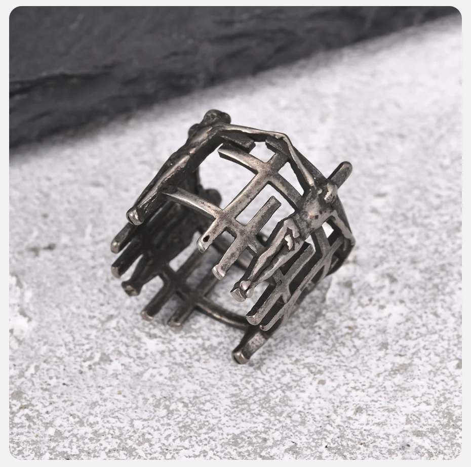 Vnox Antiker Käfig-Kruzifix-Ring für Männer, Gotischer Punk Hohlkreuz-Fingerring Religiöses Christliches Amulett Schmuck Geschenk – Detail 6