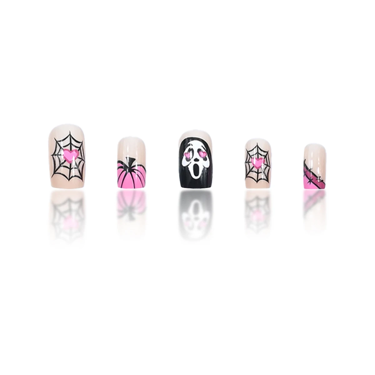 24pcs Long Square Press On Nails, Nude Black Pink French Tips with Ghost Bat Spider Web Blood Drip Print, Sweet Gothic Halloween