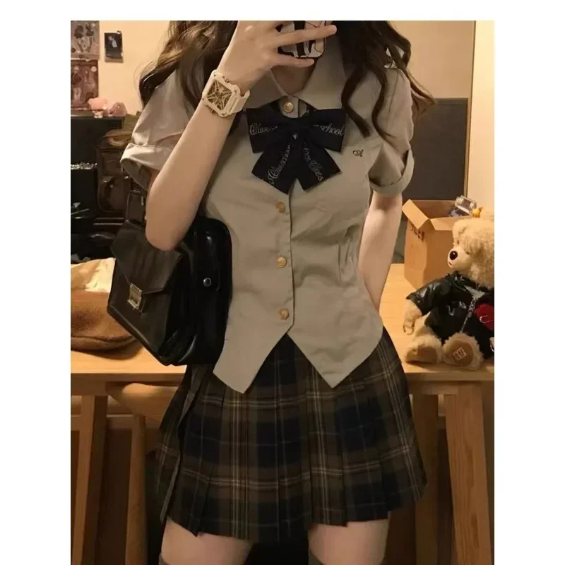 2025 new Korean School Uniform Plus Size XL Summer Japanese Fashion Lapel Bow Short Top Plaid Pleated Skirt Jk Suit 2pcs Women