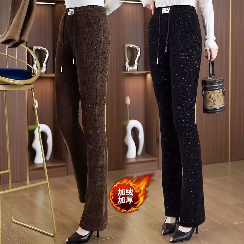 2025 Autumn Winter Women Fleece Flare Trousers Women's Plush Warm Pants Fashion Bling Korean Style Slim-fit Pants Casual Pants