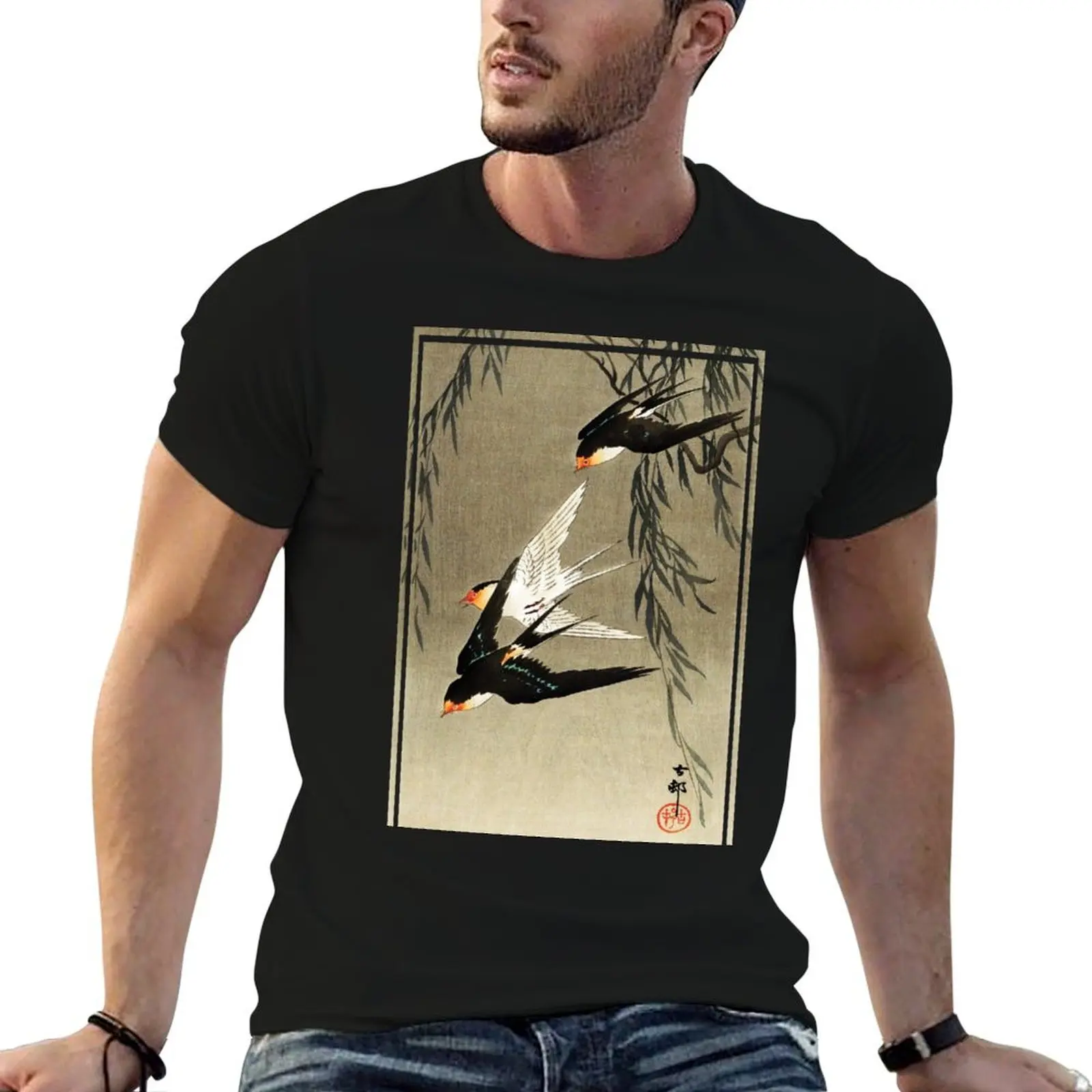 Three red-tailed swallows in dive by Ohara Koson T-Shirt graphic tee shirt plus size clothes mens cotton t shirts