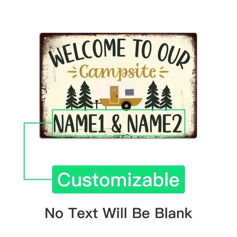 Personalized Campsite Welcome 2D Flat Metal Tin Sign, Custom Text & Date Available, Rustic Wall Decor Gift for Wedding, Annivers