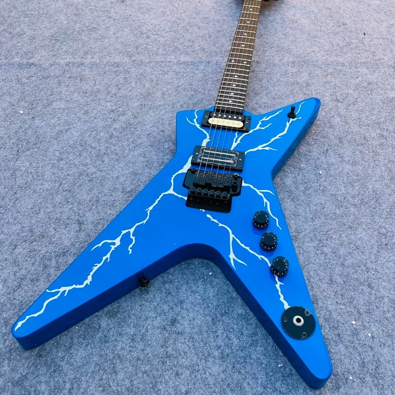 Alien-Shaped Blue Lightning Electric Guitar Dual High Output Pickups Ebony Fingerboard Floating Tremolo Solid Body Guita