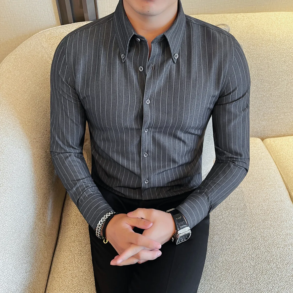 New Men's Striped Long Sleeve Shirt Business Casual Slim Neck Bottom Shirt
