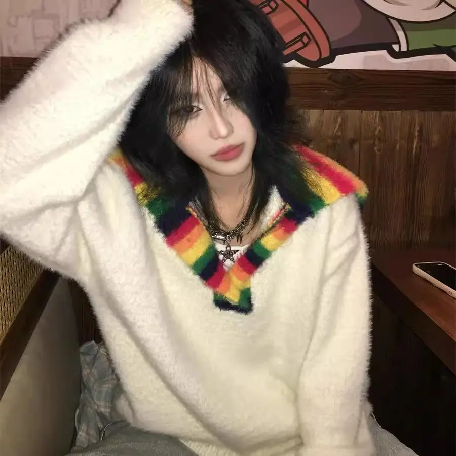 

Retro Loose High Collar Knitted Sweater Soft Fluffy Rainbow Stripes for Couples Autumn Winter Lazy Sle Men Women Casual Wear