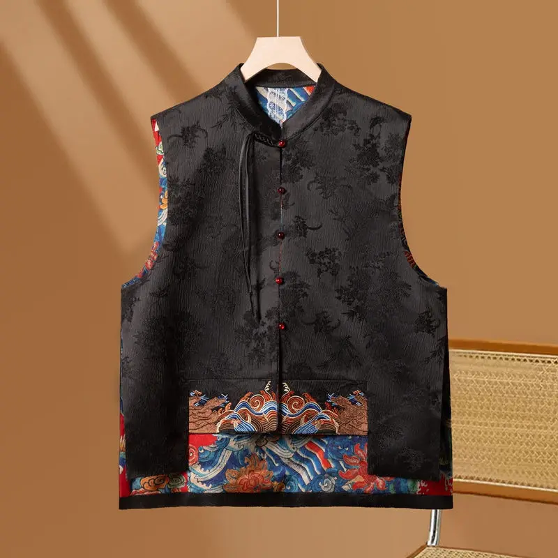 سترة صينية جديدة لعام 2025 ذات ياقة واقفة على الوجهين سترة على الطراز الوطني من قماش الجاكار المطرز بتصميم عتيق سترة نسائية