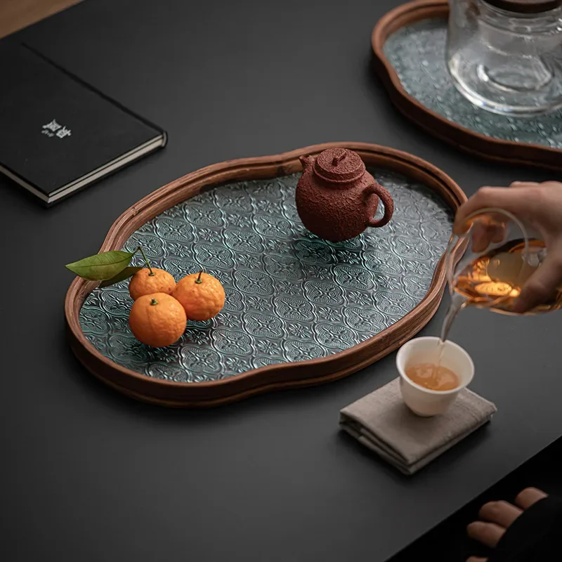 

Multifunctional Tea Tray Natural Walnut Wood Cutlery Holder Crabapple Flower Glass Decoration Tray Deepened Frame Storage Plate