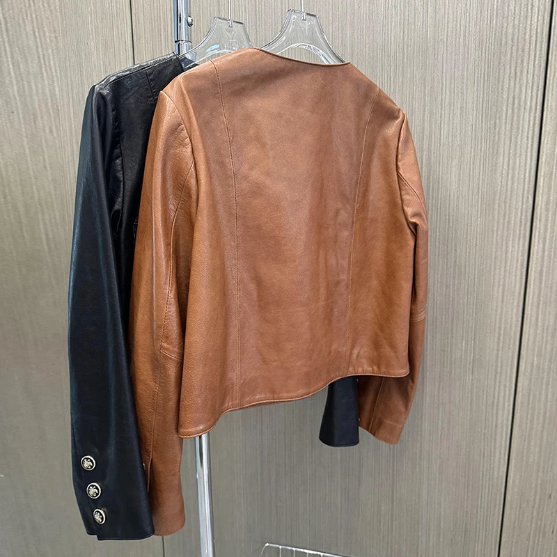 Giacca di lusso in vera pelle cerata di pelle di pecora di livello A per le donne Giacche casual in vera pelle da donna monopetto con scollo a V chic